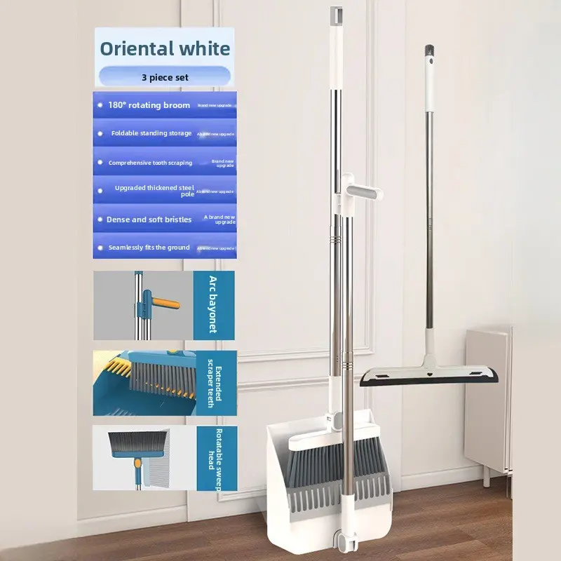 3-Piece Folding Blue Manual Push Broom and Dustpan Complete Set, Non-Stick Hair Easy-Clean Home Care Cleaning Tool for Home, Bathroom Indoor Use, Folding Blue Complete Set 3-Piece Set C