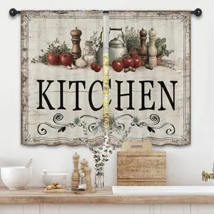 Rustic Farmhouse Rod Pocket Kitchen Curtains, 2-Piece Brown 27.5W x 39L in Short Vegetable & Wood-Themed Drapes for Home Window Treatment