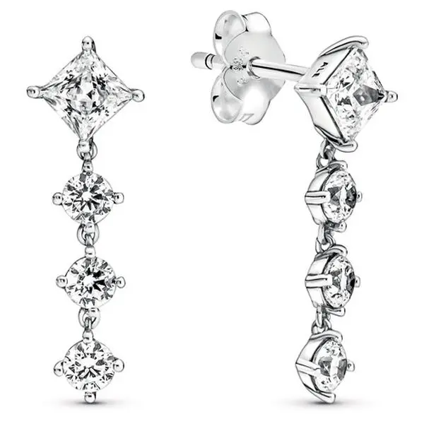 PANDORA Classic Sparkling Drop Sterling Silver Jewelry Earrings - Unisex, Elegant Square & Round Stones, All Seasons Accessory, Perfect for Pairing with Matching Necklace 290045C01