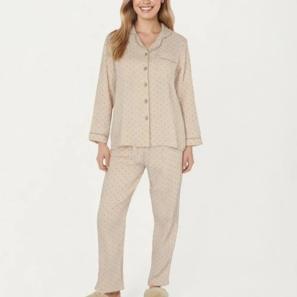 Anna-Kaci Lounge Women's 2-Piece Set Button Front Pajama Top with Contrast Piping and Relaxed Fit Pants - Small Brown, Pajama Set, Loungewear