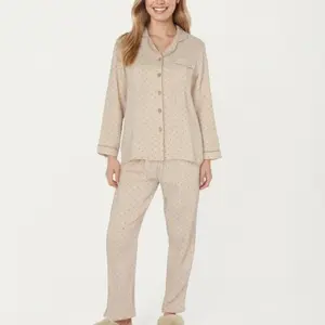 Anna-Kaci Lounge Women's 2-Piece Set Button Front Pajama Top with Contrast Piping and Relaxed Fit Pants - Small, Brown
