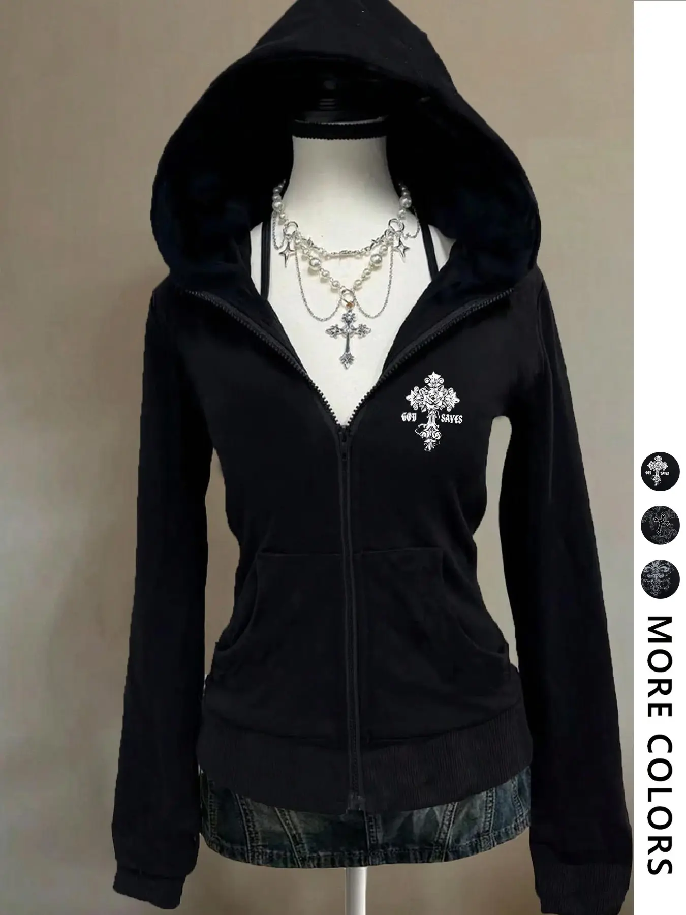 Women's Y2K Graphic Jacket, Gothic Style Hoodie, Fitted Cross Print Design, Fall & Winter Warm Comfortable Outerwear, Trendy Casual Wear