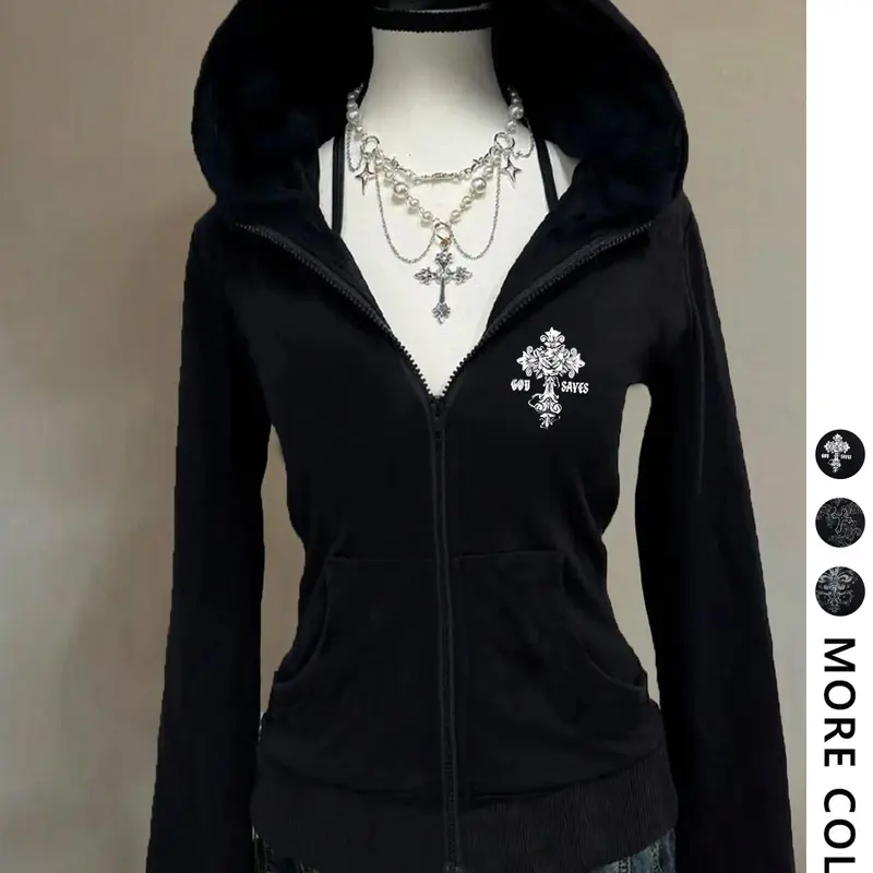 Women's Y2K Graphic Jacket, Gothic Style Hoodie, Fitted Cross Print Design, Fall & Winter Warm Comfortable Outerwear, Trendy Casual Wear