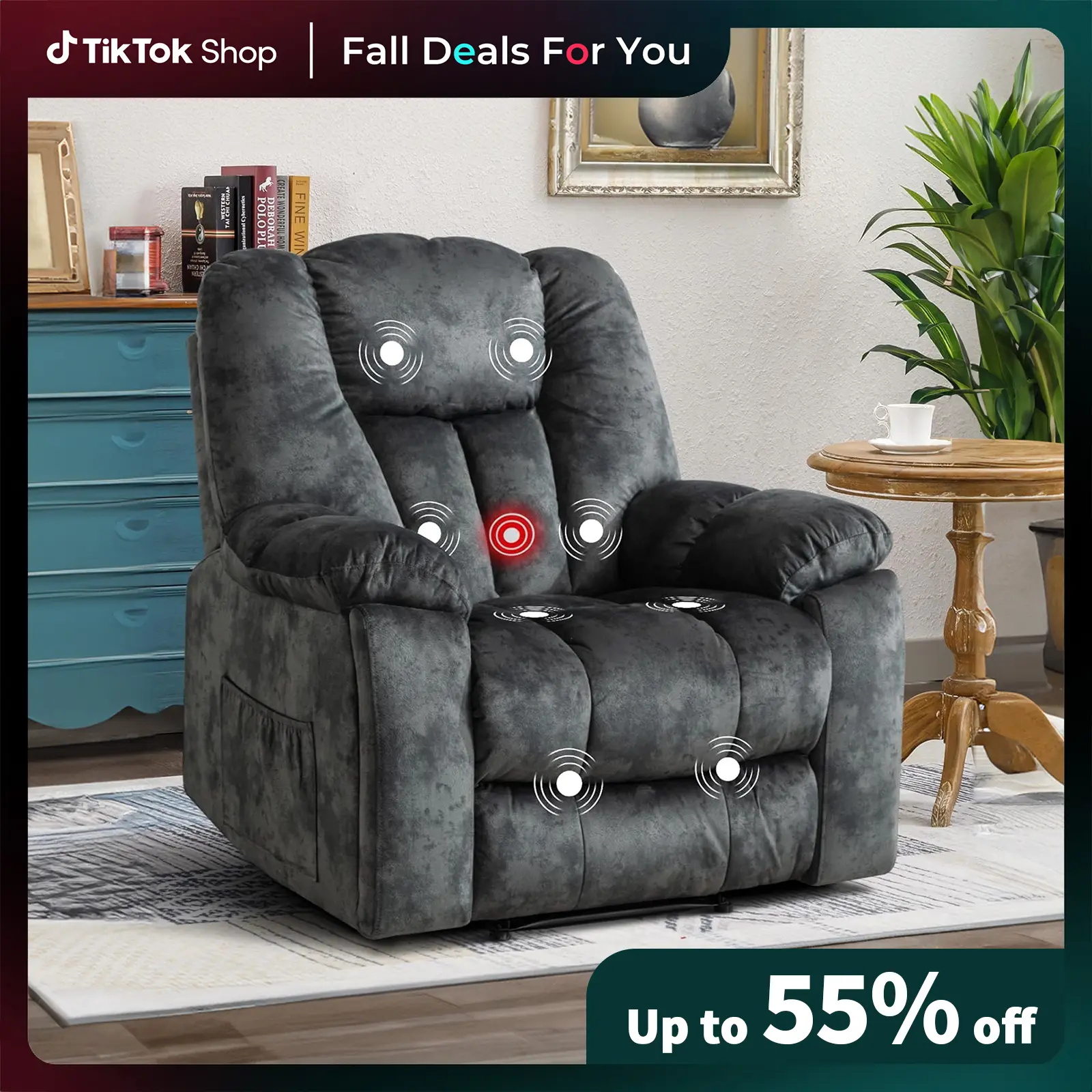 [TikTokShopBlackFriday] Ebello 40.9"Wide Overstuffed Large Fabric Single Manual Reclining Chair with Massage and Heated for Living Room, Grey