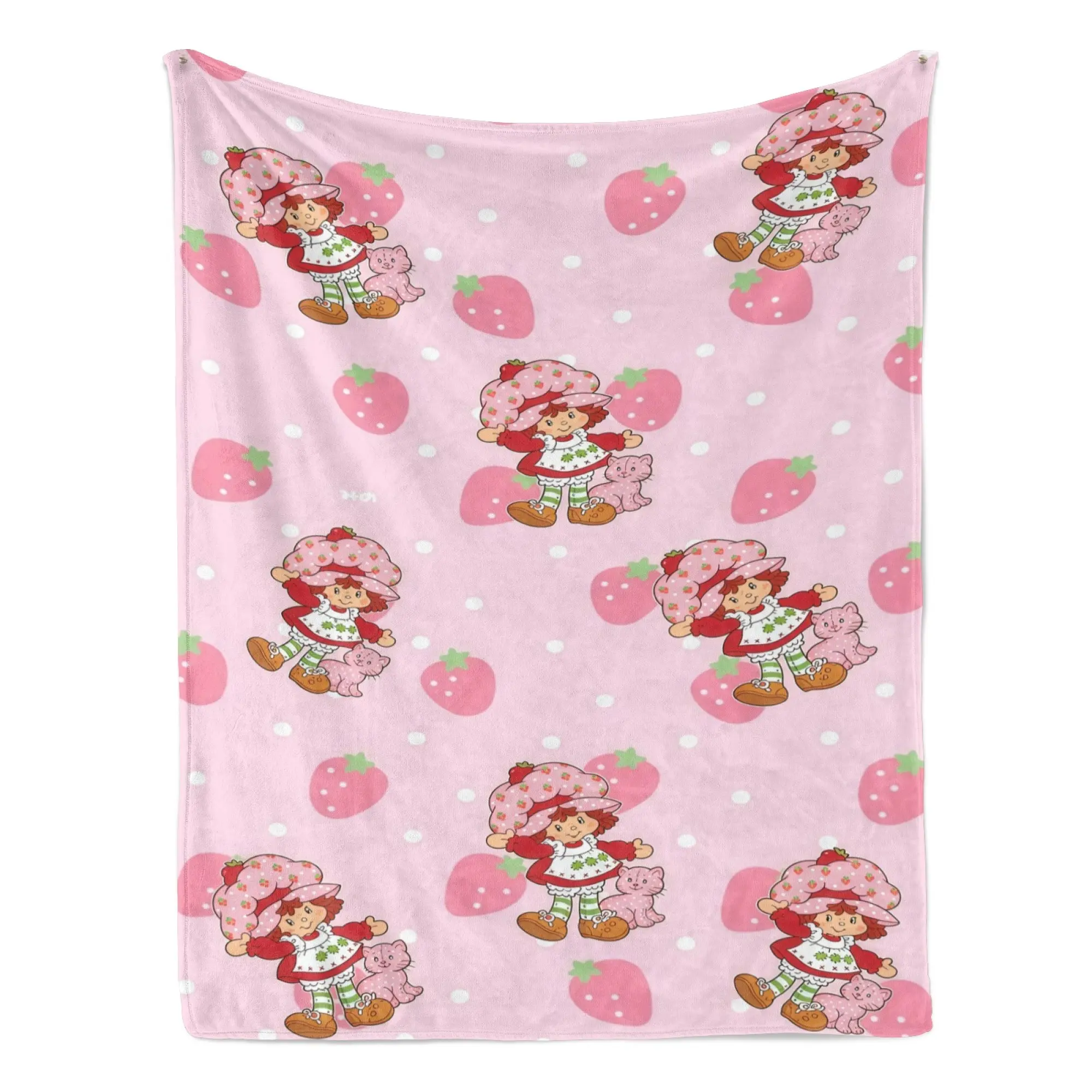 Strawberry Shortcake Flannel Blanket, Pink Polka Dot Cute Cartoon Girl Print, Soft Warm Cozy Lightweight Decorative Throw, Perfect for Sofa Bedroom Kids Room Decor, Ideal Gift for Cartoon Fans Young Girls