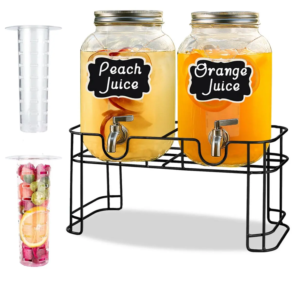 2-Pack Glass Drink Dispenser Set (1 Gal Jugs) with Stainless Steel Tap & Stand, Cold Beverage Holder for Home Use, Decorative Labels Included (Cups Not Included)