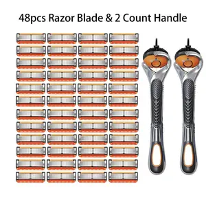 Sharp Handheld Razor Blade Set - 48 Stainless Blades & 2 Handles for Men's Head Shaving - Durable & Long-Lasting Razor Blades for Efficient Grooming [0]