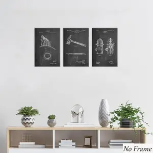 3pcs Fire Hydrant Blueprint Wall Art Decor, Firefighter Hat, Axe Invention Print, Blackboard Background, Home Decoration, Ideal Gift