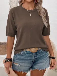 2026 Summer New Womenswear Round Neck Solid Color Side Slit Fashion Casual Versatile Daily Commute Street Style Short Sleeve Knitted Pullover Top Knitwear