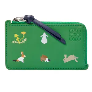 Pre-owned Loewe leather Small Leather Goods x Suna Fujita Bunnies Coin Cardholder in Tropical Green, crafted from nappa calfskin leather.