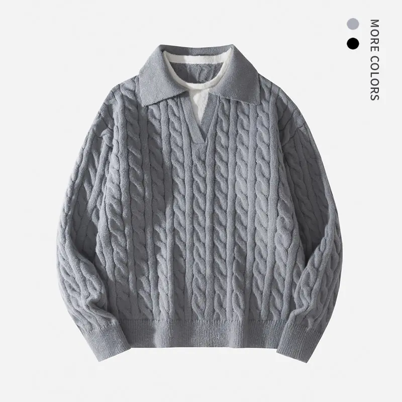 #Springfresh Men's fashion knitting long sleeved sweater - unique V round neck design casual pullover off shoulder knitting loose sweater minimalist fashion knitting men's knitting top fake two men's and women's college hemp yarn sweater