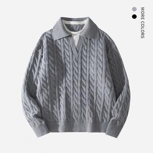 #Springfresh Men's fashion knitting long sleeved sweater - unique V round neck design casual pullover off shoulder knitting loose sweater minimalist fashion knitting men's knitting top fake two men's and women's college hemp yarn sweater