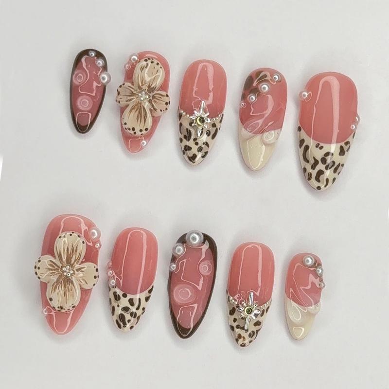 AngieNails – Leopard French Tip Press On Nails – Nude Nails with 3D Floral & Line Art | Trendy Pink Fake Nails for Everyday Style – AN295