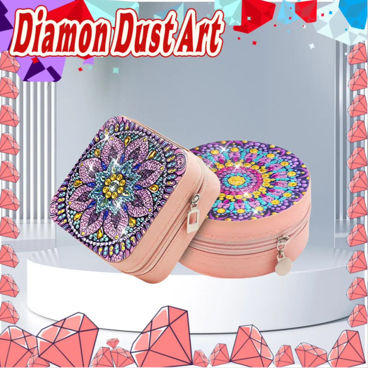 2-piece set of diamond painting set jewelry box, mandala pattern, non-woven fabric material with painted crystal gemstone mosaic process, suitable for earrings, rings, bracelets, necklaces and other small objects storage