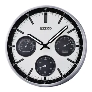 Seiko QXA823SLH "Shelby Watch Dial" Silver Heritage Design Luminous Metal Wall Clock with Thermometer, Hygrometer, & Seconds Dial