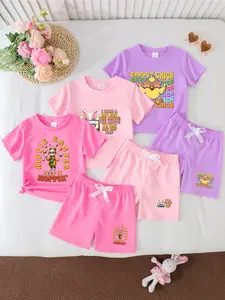 Halloween-Themed Festive Print Summer 6-Piece Set, Casual Outfit Set - Short Sleeve Tee & Shorts Outfit | Everyday Wear for Holidays, Parties & Outdoor Activities | Multiple Color Options, Girls' Holiday Costume, Ideal Gift for Holidays