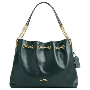 COACH Evelyn 34 Leather Tote Bag with Interior Multi-Function Pockets for Women, Oversized Shoulder Bag in Navy Green