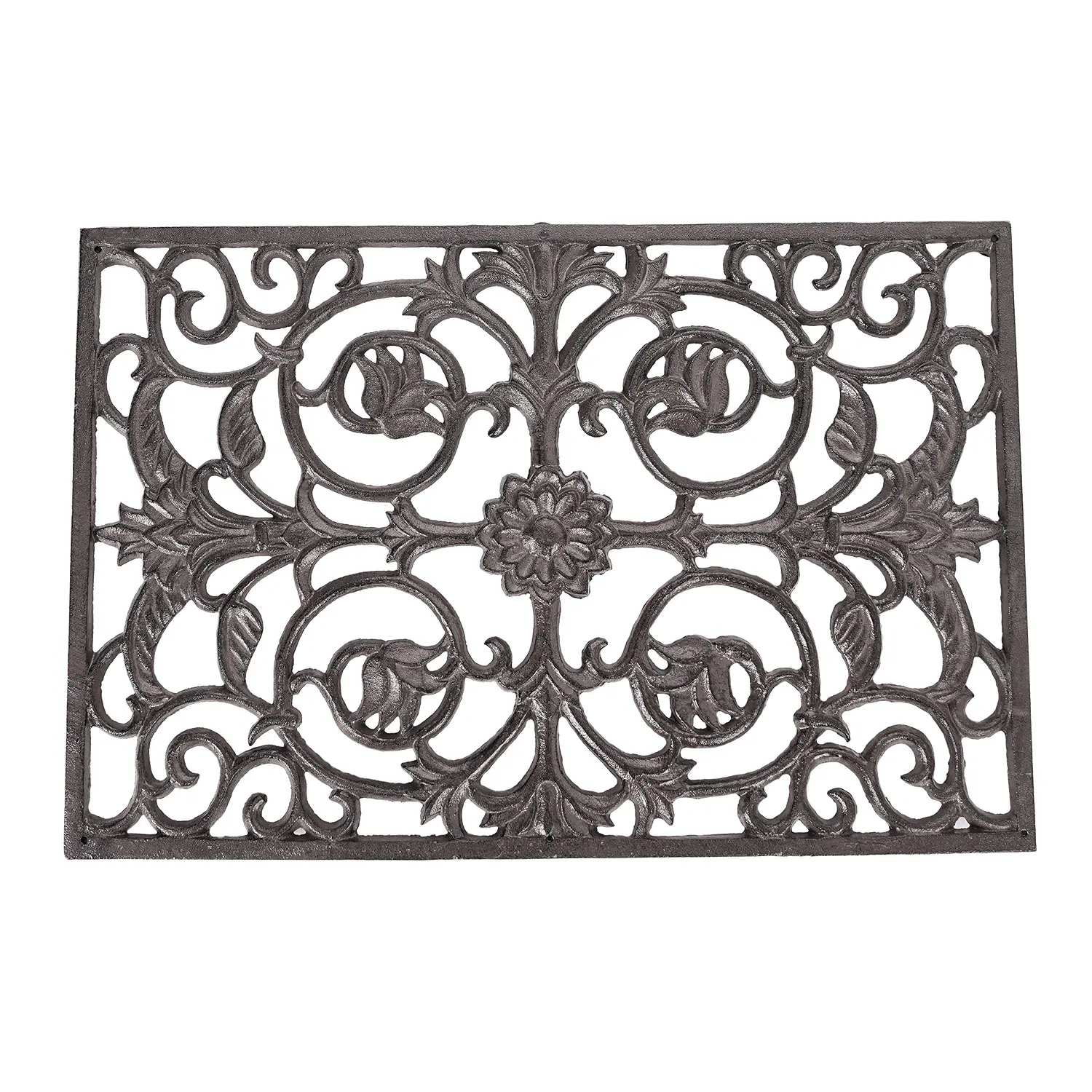 Sungmor Decorative Cast Iron Single Mat - Heavy-Duty Outdoor Entry Piece, Retro Vintage Scroll Design, Weatherproof Non-Slip Metal Welcome Mat, Rustic Brown or White, Durable for Front Porch Entryway Decor