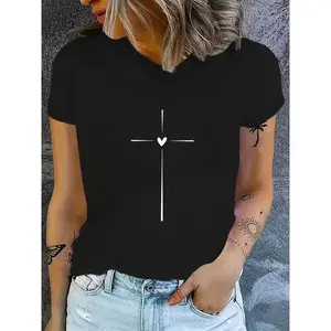 Women's 100% Cotton Short-Sleeve Printed T-Shirt - Black Classic Fit Round Neck Casual Chic Digital Heart & Cross Faith Top, Lightweight Clothes for Summer Parties, Streetwear (Casual Women's T-Shirts)