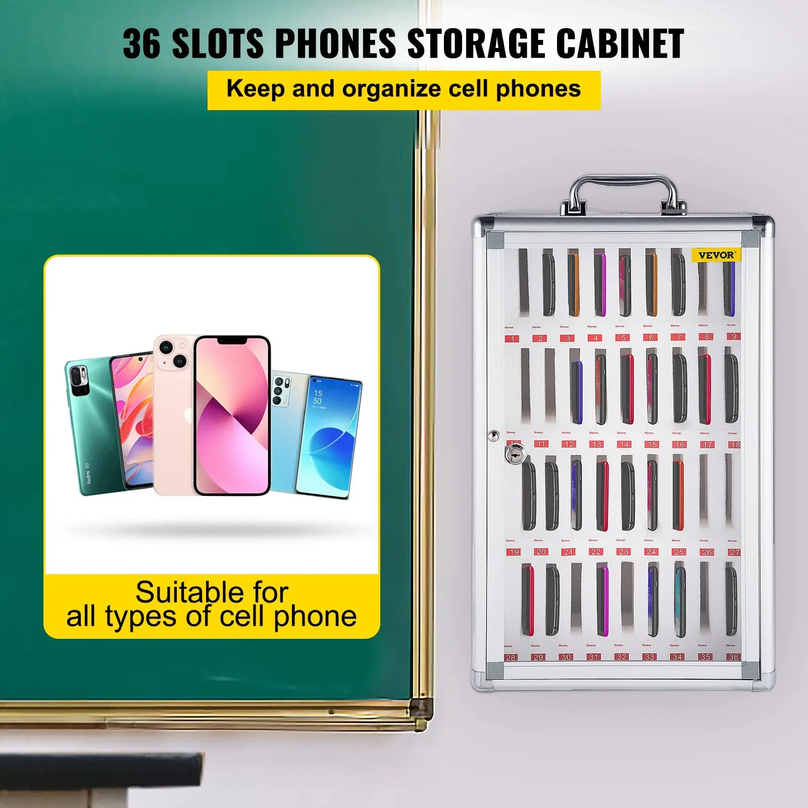 36-Slot Cell Phone Cabinet with Lock | Classroom Phone Storage Locker & Pocket Chart
