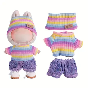 Rainbow Labubu Doll Clothes Set, 3 Including Fisherman Hat, Sweaters, Pants or Skirt, Fits 6.69 Inch Dolls, Perfect for Play & Display, Doll Clothing