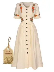 RETROSTAGE Women's Vintage Bohemian Print Dress - Beige/Mint Green Embroidered V-Neck Button-Front Cotton Midi Gown, Short-Sleeve Casual Chic Fitted Lady's Wear