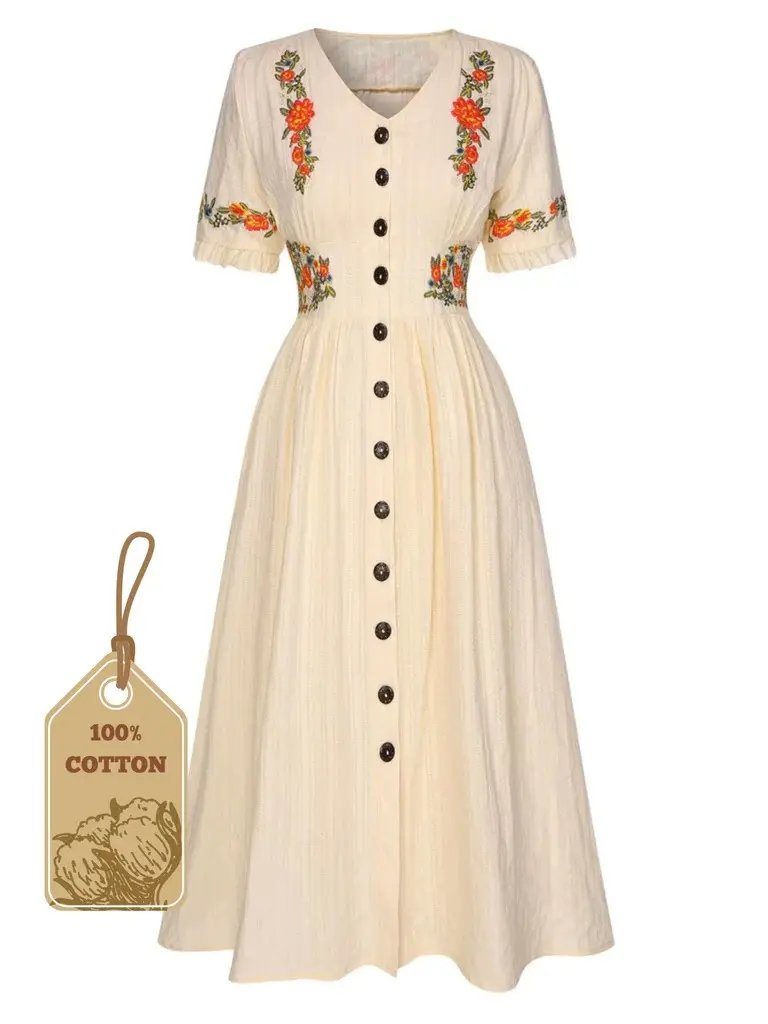 RETROSTAGE Women's Retro Style Bohemian Casual Embroidered Midi Dress - 100% Cotton, V-Neck, Short-Sleeve, Button-Front, Ready-to-Wear for Vacation, Shortsleeve