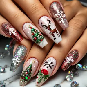 Christmas Patch Nail Set 24 Pieces Winter Theme Santa Claus Christmas Tree Snowflake Mistletoe Glossy Adhesive Nails for Women Girls Festive Designs Holiday Look