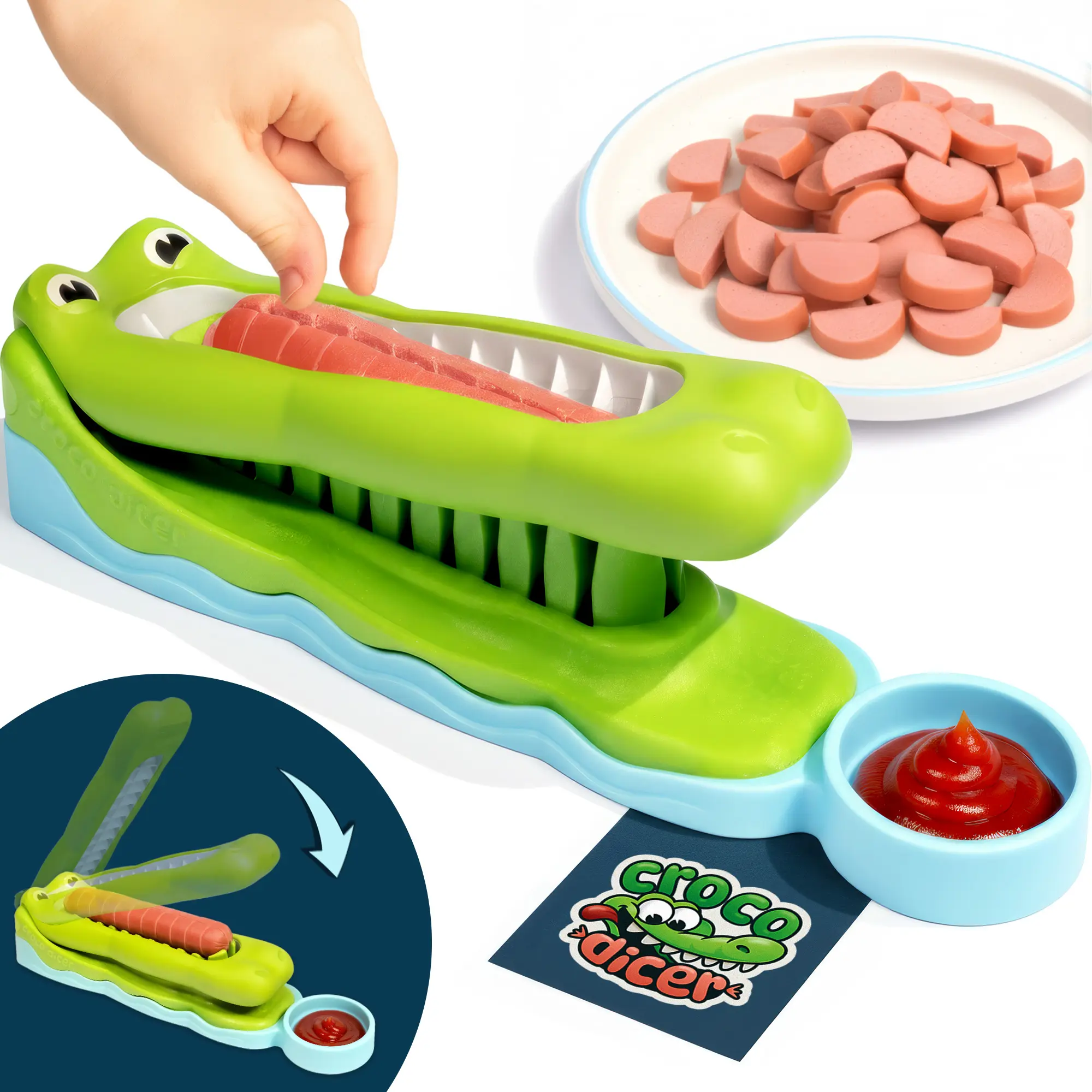 CrocoDicer: Fun Hot Dog Cutter That Lets Kids Cut Their Own Hot Dogs Safely. One Press = 24 Bites. Even Picky Eaters Will Love Dinner Time. 100% Kid and Crocodile Safe (Not Approved by Alligators).