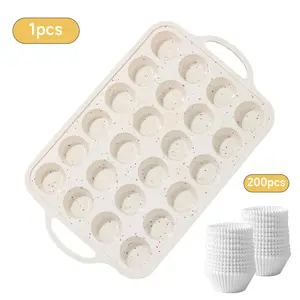 Silicone Mini Muffin Pan with Metal Reinforced Frame – 24-Cup Non-Stick Silicone Cupcake Pan +200pcs Standard White Cupcake Liners for Bakingfor Mini Muffins, Cupcakes, Egg Bites, and Candy – Durable,Dishwasher Safe