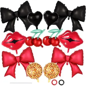 12 Pcs Red and Black Foil Balloon Kit, Red Lip Cherry Bow Black Heart Leopard Print Balloons, Red Lip and Cheetah Balloons for Women's Birthday Party, Shower, Bachelorette Party