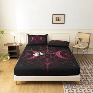 3pcs Set Black Background Red Pink Triple Moon Pentagram Fitted Sheet, Digital Printed Gothic Celestial Floral Bedding  for Home Bedroom Dormitory and Hotel Use (1 Fitted Sheet + 2 Pillowcases No Comforter No Pillow)