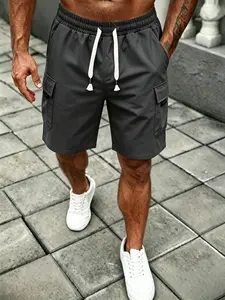 Men's Summer Workwear Shorts, Drawstring Waist, Multiple Pockets, Solid Color, Casual and Outdoor Wear, Fitted H-Type Silhouette, Casual Sporty Shorts