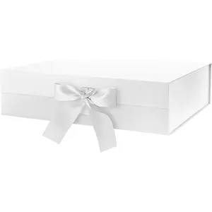 Large Gift Box with Lid for Presents 13x9.7x3.4 Inches, White Magnetic Gift Box with Ribbon, Bridesmaid Proposal Box, Luxury Gifts Box (Glossy White)