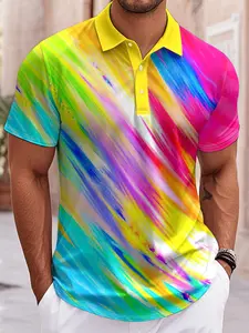 Men's Rainbow Striped Short Sleeve Polo Shirt, Fashion Colorblock Print Casual Top, Summer Breathable Collared T-Shirt