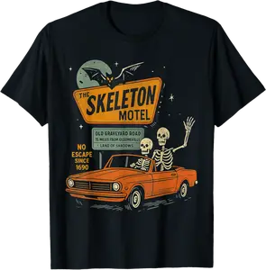 Skeleton Motel Road Driving Halloween trip Spooky Season T-Shirt - Phoebeumba Shop 90B0FJLGLWRX