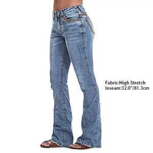 Flamingals Wash Contrast Stitch Seam Front Low Waist Bootcut Jeans Womenswear Denim Trousers Fashion Bottom Style Comfort Fit Comfortable  Blue Basic