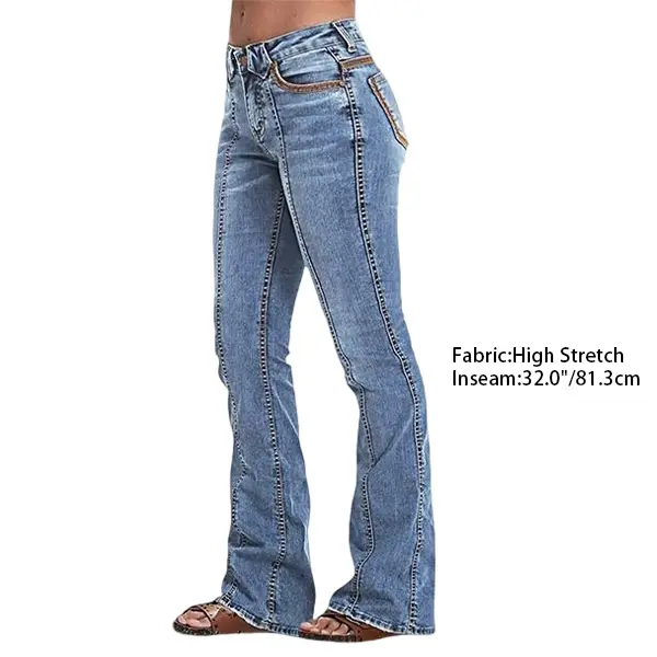 Flamingals Wash Contrast Stitch Seam Front Low Waist Bootcut Jeans Womenswear Denim Trousers Fashion Bottom Style Comfort Fit Comfortable  Blue Basic