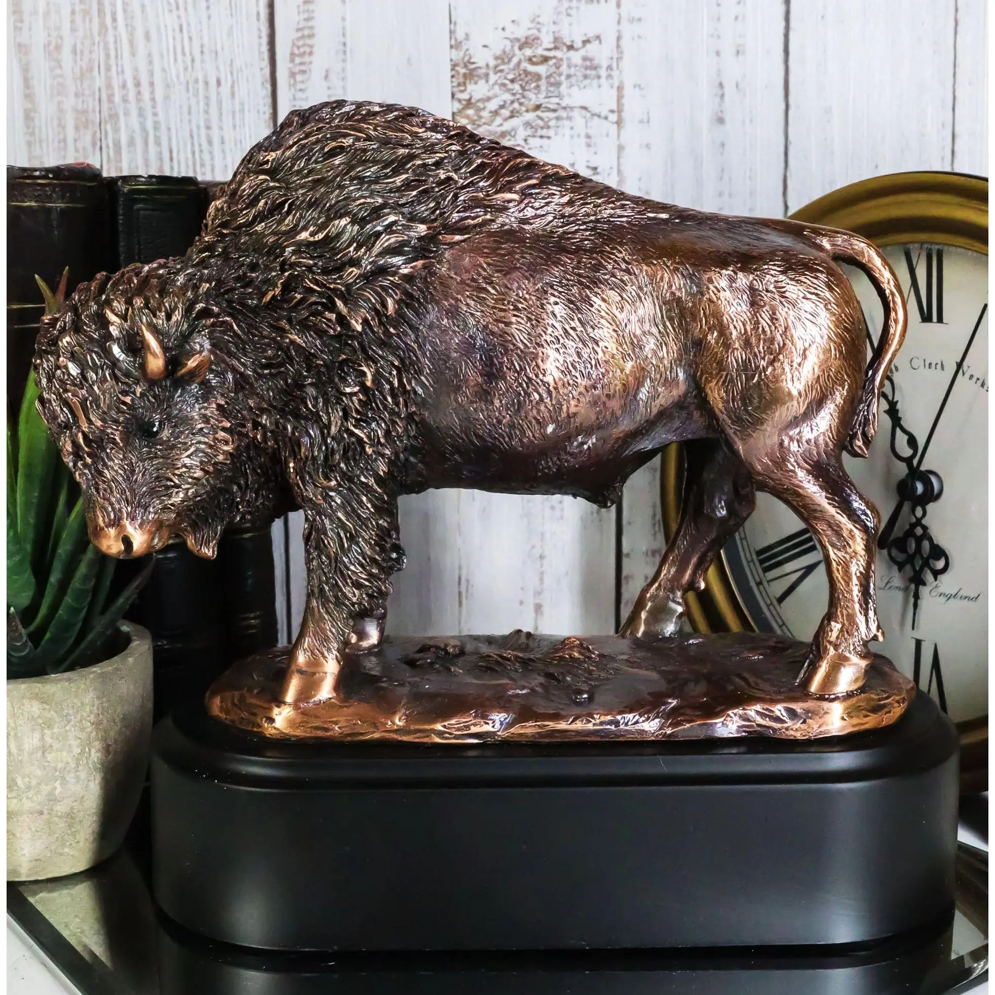 Southwestern Plains Grazing American Bison Buffalo Figurine With Trophy base