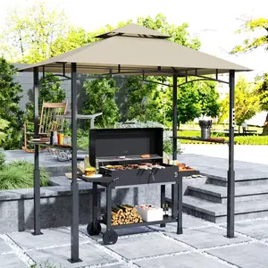 8x5 khaki outdoor grill gazebo double tiered canopy with LED light side shelves hooks bottle opener for backyard barbecue