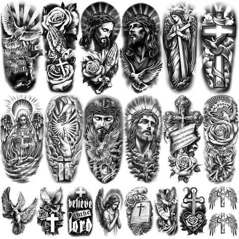 77-Sheet Christian Temporary Tattoos Pack - Black and Grey Realism Religious Jesus Cross Angels God Designs, Arm Chest Tattoo for Youth, Ideal for Beach Weekend Viking Cosplay