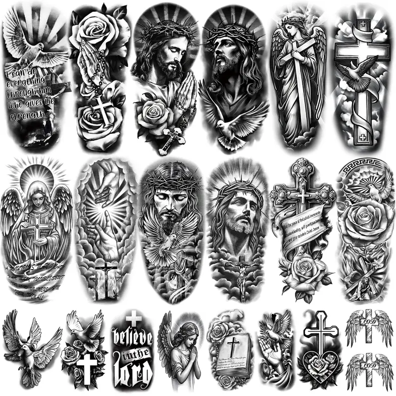 77-Sheet Christian Temporary Tattoos Pack - Black and Grey Realism Religious Jesus Cross Angels God Designs, Arm Chest Tattoo for Youth, Ideal for Beach Weekend Viking Cosplay