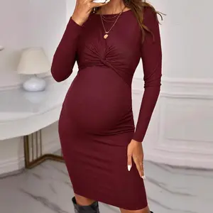 Solid Color Round Neck Maternity Knit Dress Long Sleeve Slim Fit