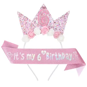 6th Birthday Decorations For  Headband And Glitter Sash Kit Tiara Flower Princess Crown It's My Girl Outfit