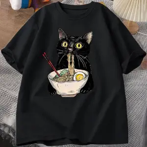 Men's Crewneck Cotton Ramen Cat Foodie Lover Black Menswear Retro Casual Short Sleeve Noodle Design for Cat Lovers T-shirt