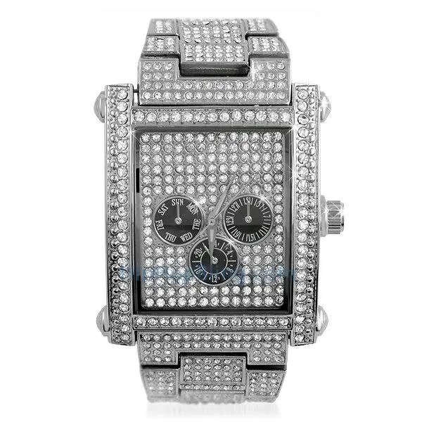 Iced Out Rectangle Face Quartz Watch for Men, Hip-Hop Style Analog Display with Pave Rhinestone Metal Band