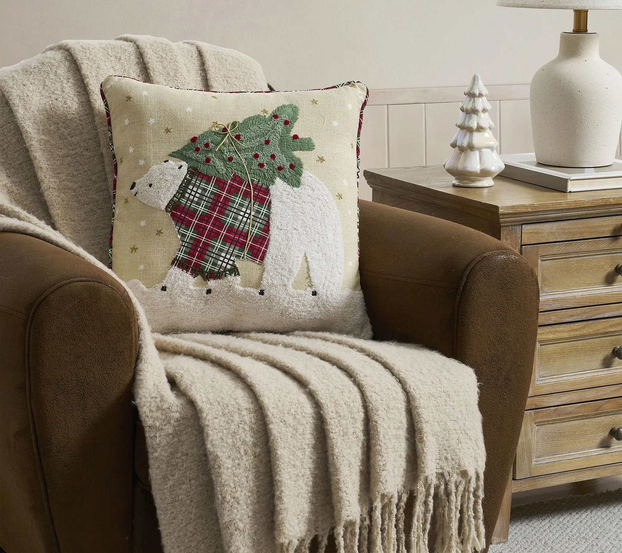Hallmark 18" x 18" Beige Polar Bear Holiday DecPillow Hallmark 18" x 18" Beige Polar Bear Holiday DecPillow