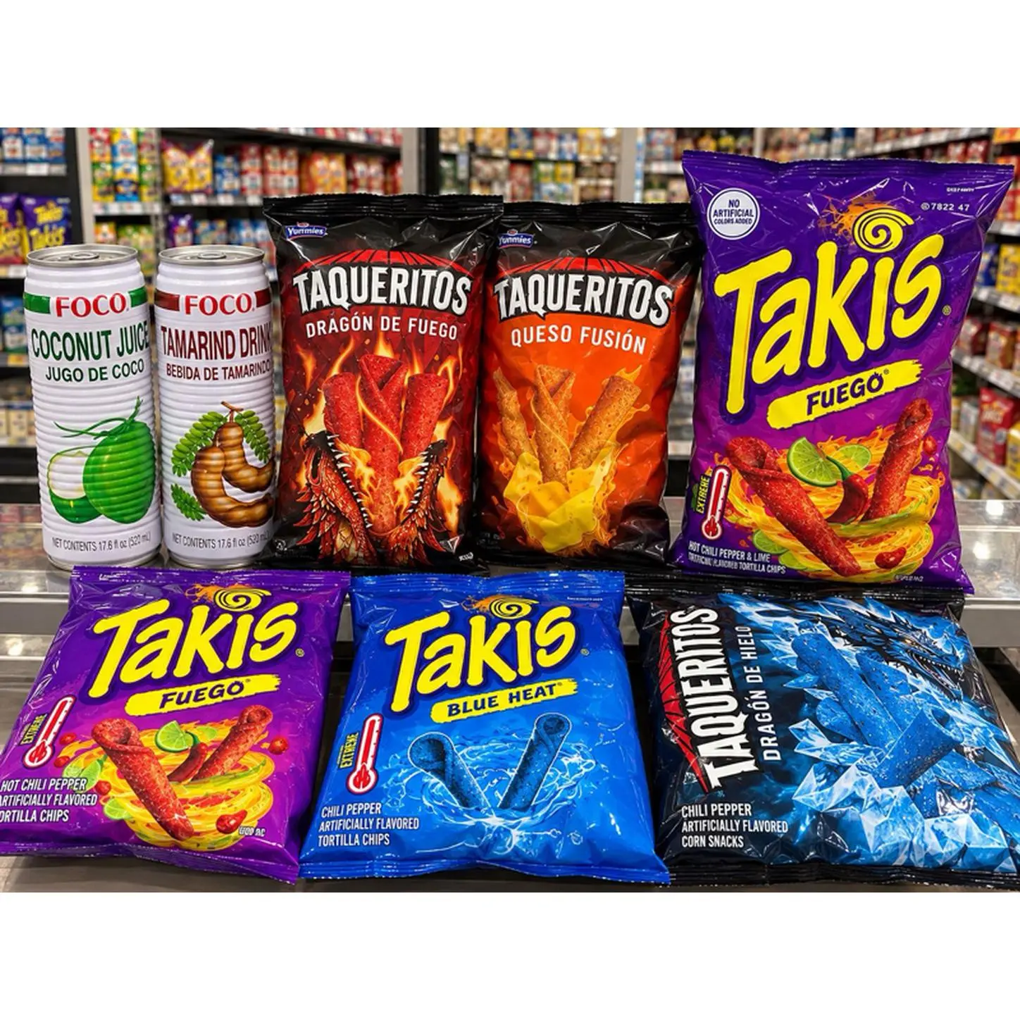 Takis Fuego Dragon of Fire Queso Fusion Blue Heat Snacks Foco Coconut Juice Tamarind Drink