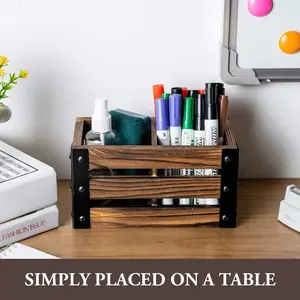 Magnetic Burnt Wood Caddy with Matte Black Metal Corner Brackets, Office Stationery Organizer, White Board Marker Basket