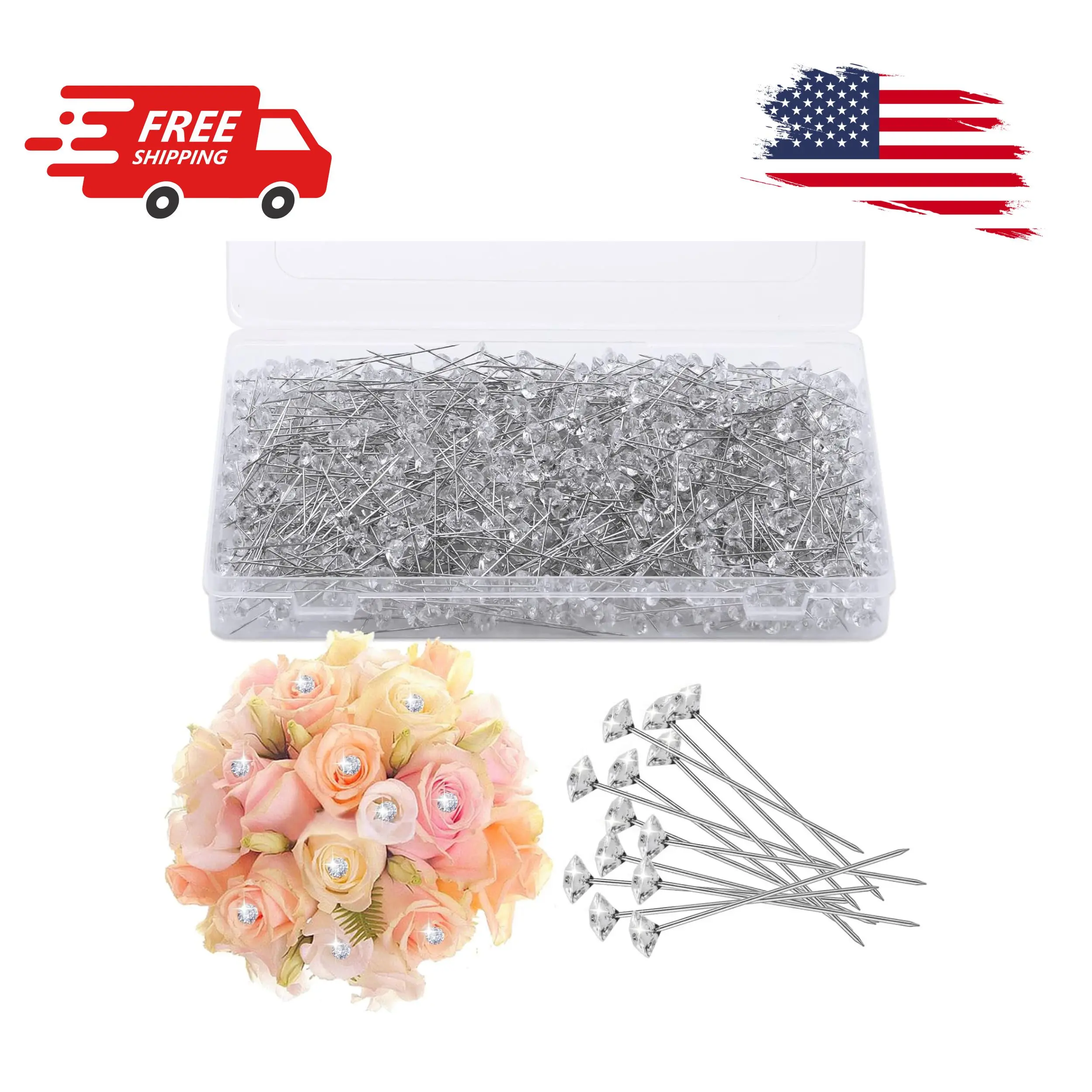 1000 Pcs Diamond Boutonniere Pins, 2 Inch Flower Pins Straight Pins Diamond